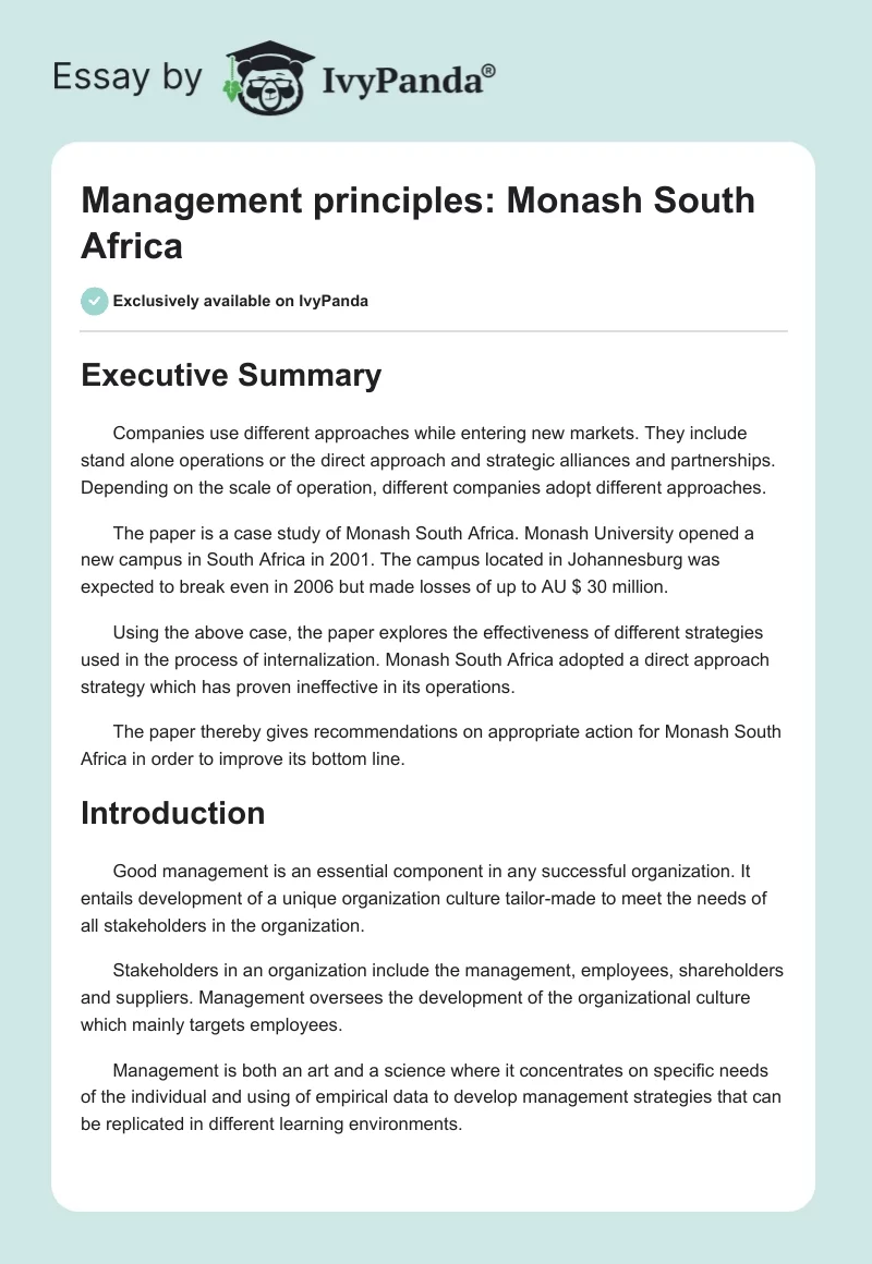 Management principles: Monash South Africa. Page 1