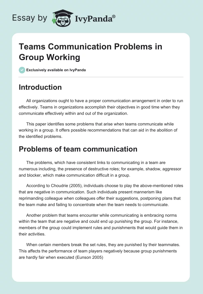 Teams Communication Problems in Group Working. Page 1