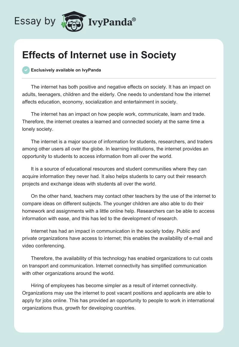 Effects of Internet Use in Society. Page 1