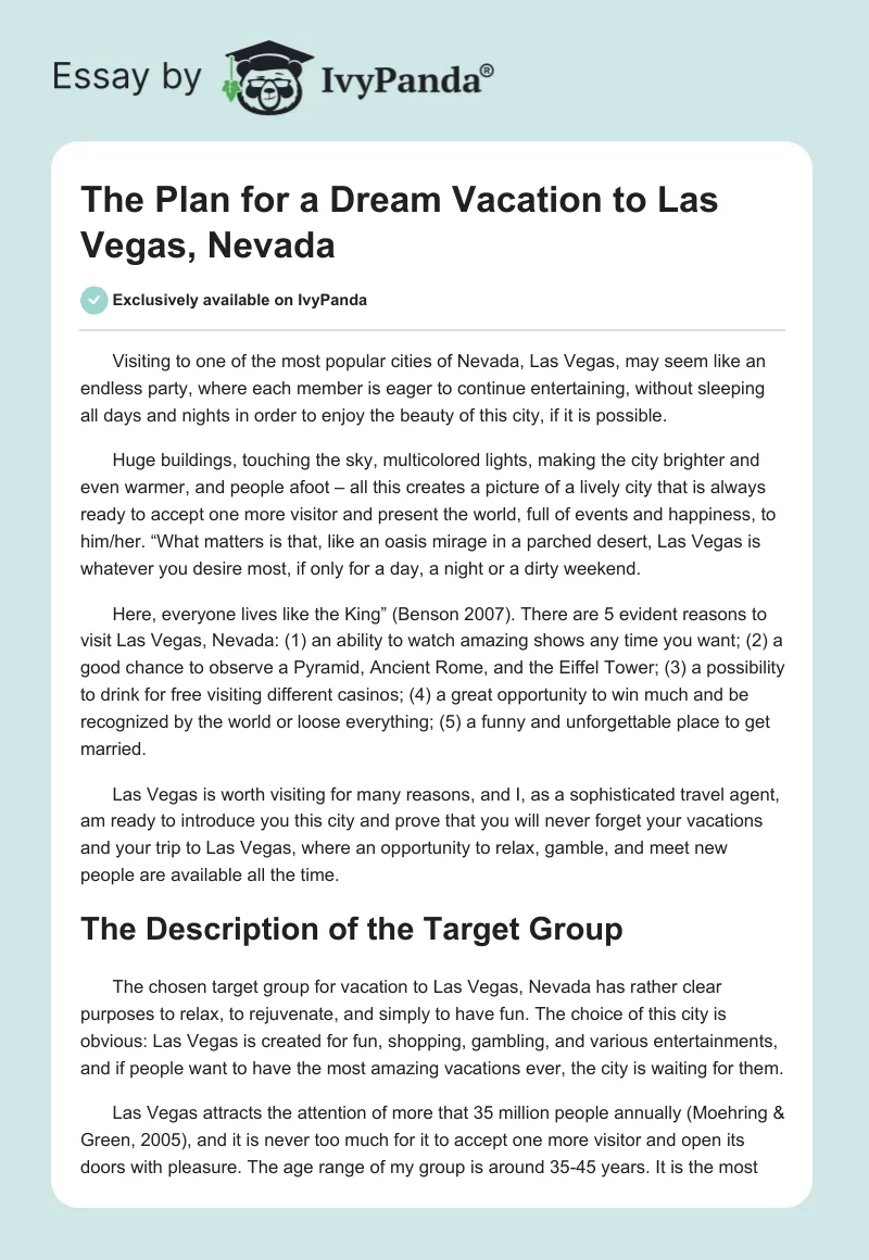 The Plan for a Dream Vacation to Las Vegas, Nevada. Page 1
