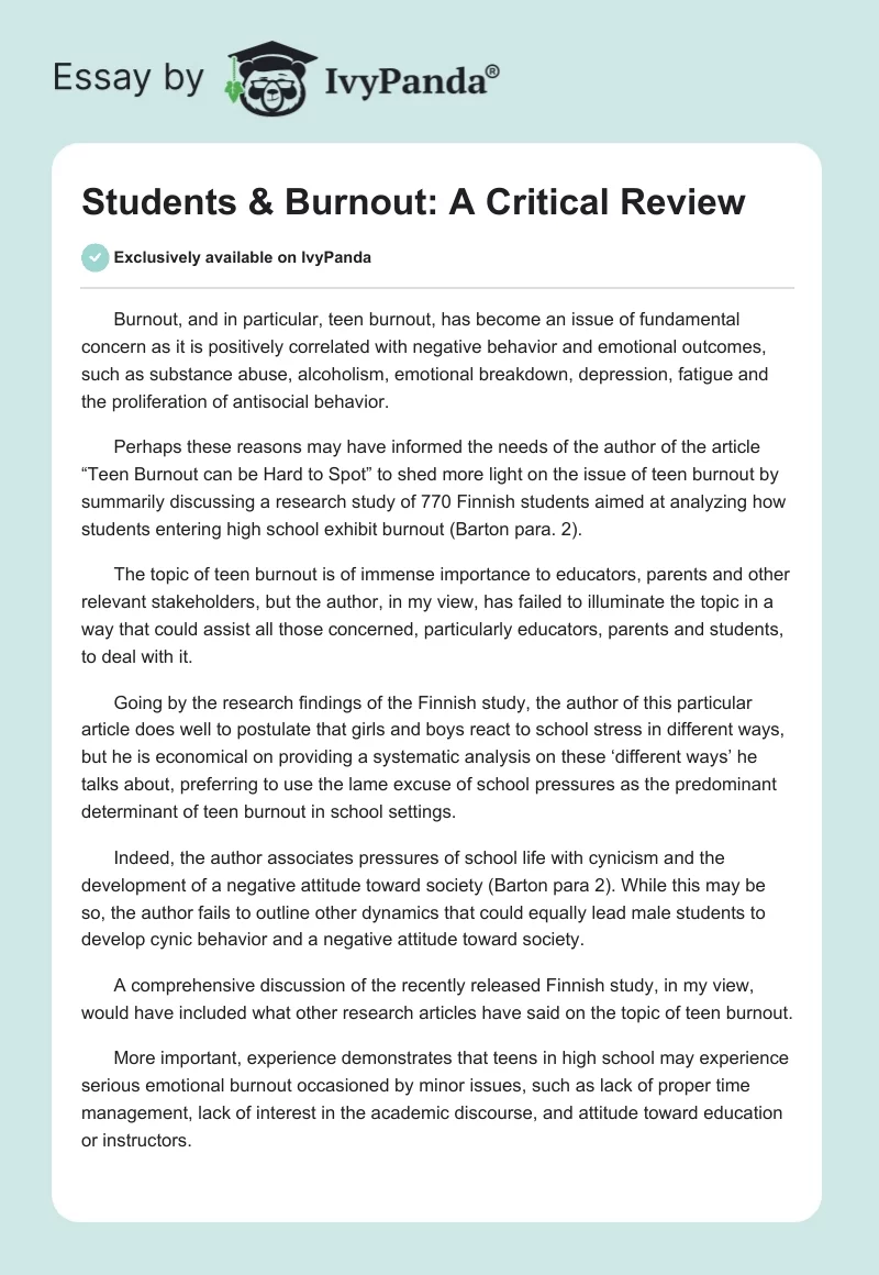 Students & Burnout: A Critical Review. Page 1