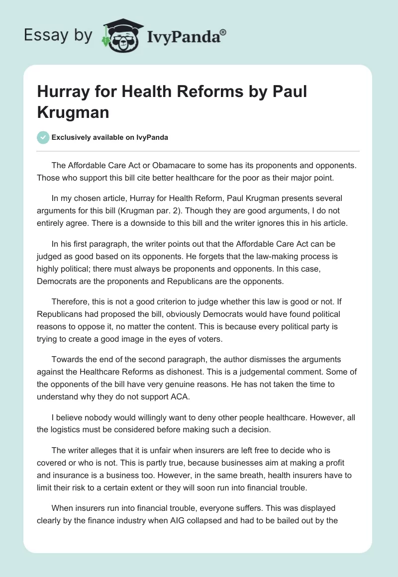 Hurray for Health Reforms by Paul Krugman. Page 1