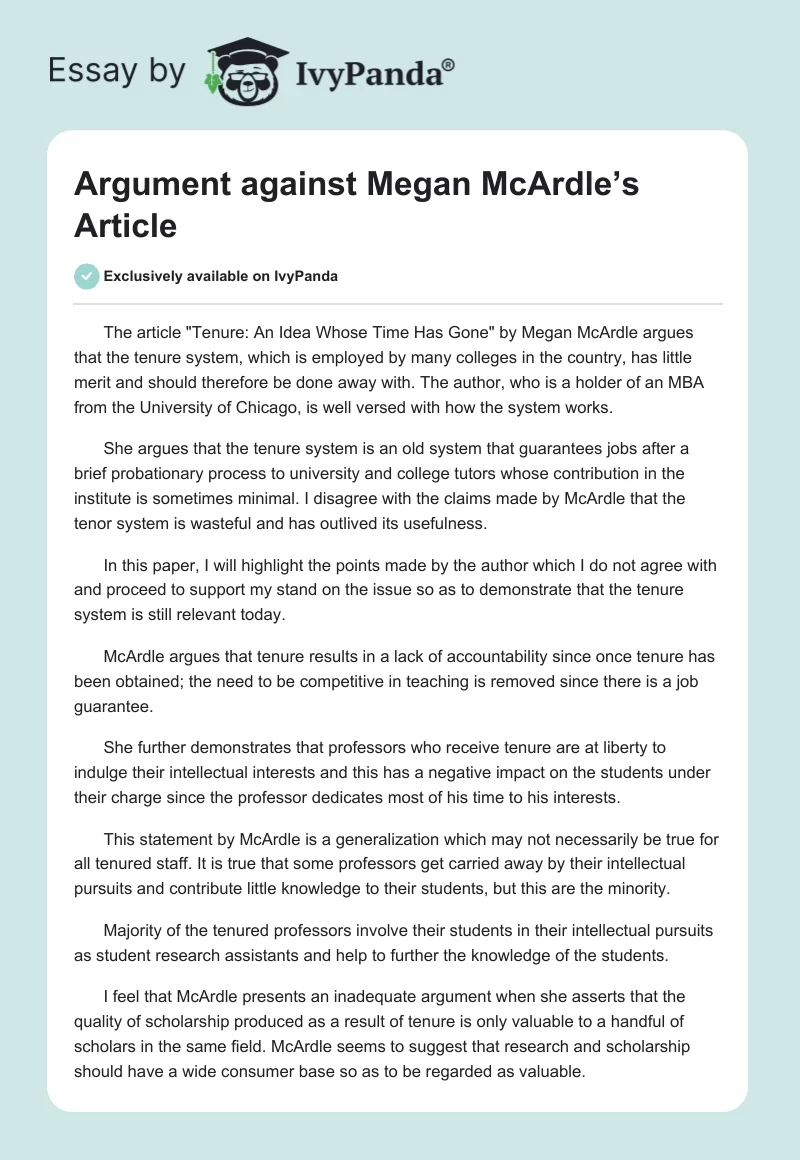 Argument against Megan McArdle’s Article. Page 1