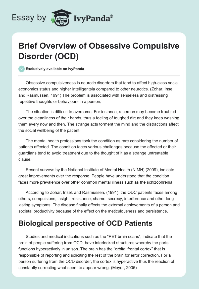 Brief Overview of Obsessive Compulsive Disorder (OCD). Page 1
