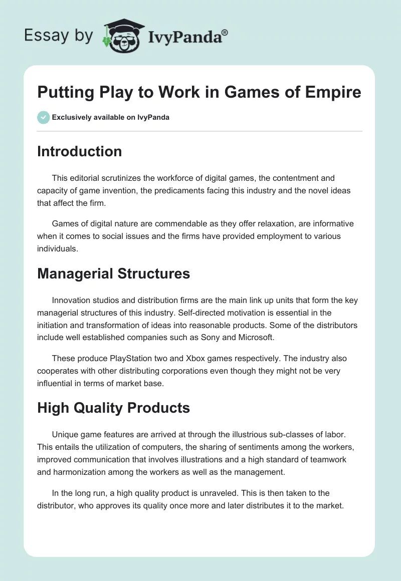 Putting Play to Work in Games of Empire. Page 1
