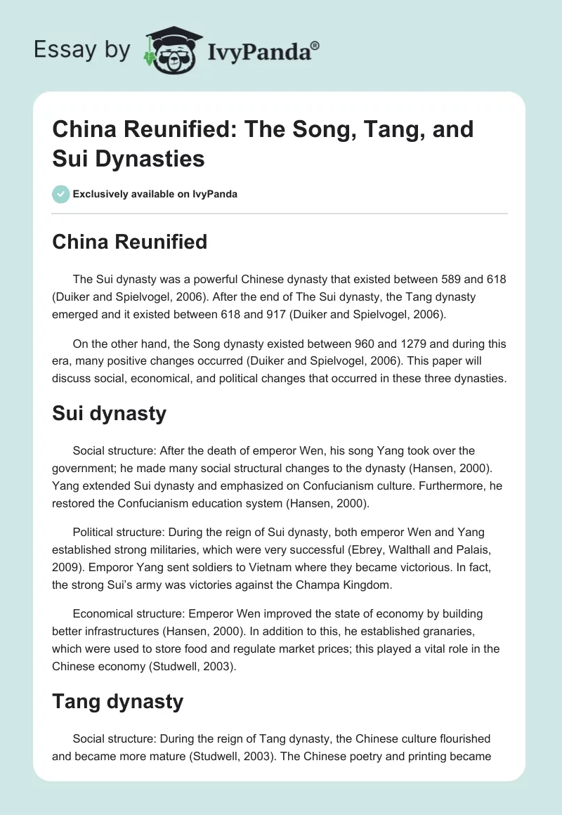 China Reunified: The Song, Tang, and Sui Dynasties. Page 1
