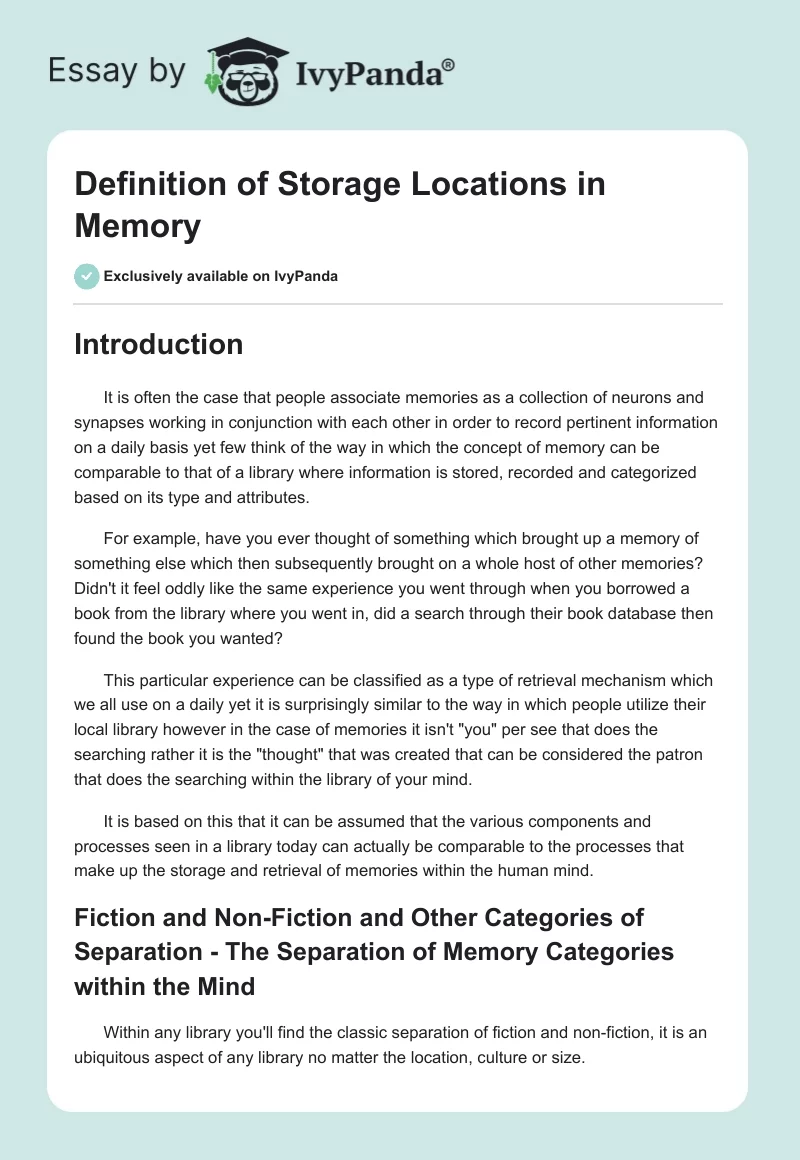 Definition of Storage Locations in Memory. Page 1