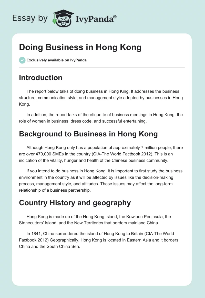 Doing Business in Hong Kong. Page 1