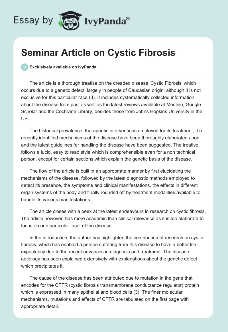 Seminar Article on Cystic Fibrosis. Page 1