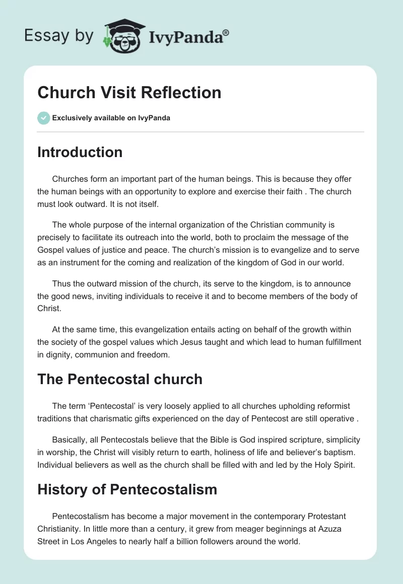 Church Visit Reflection. Page 1