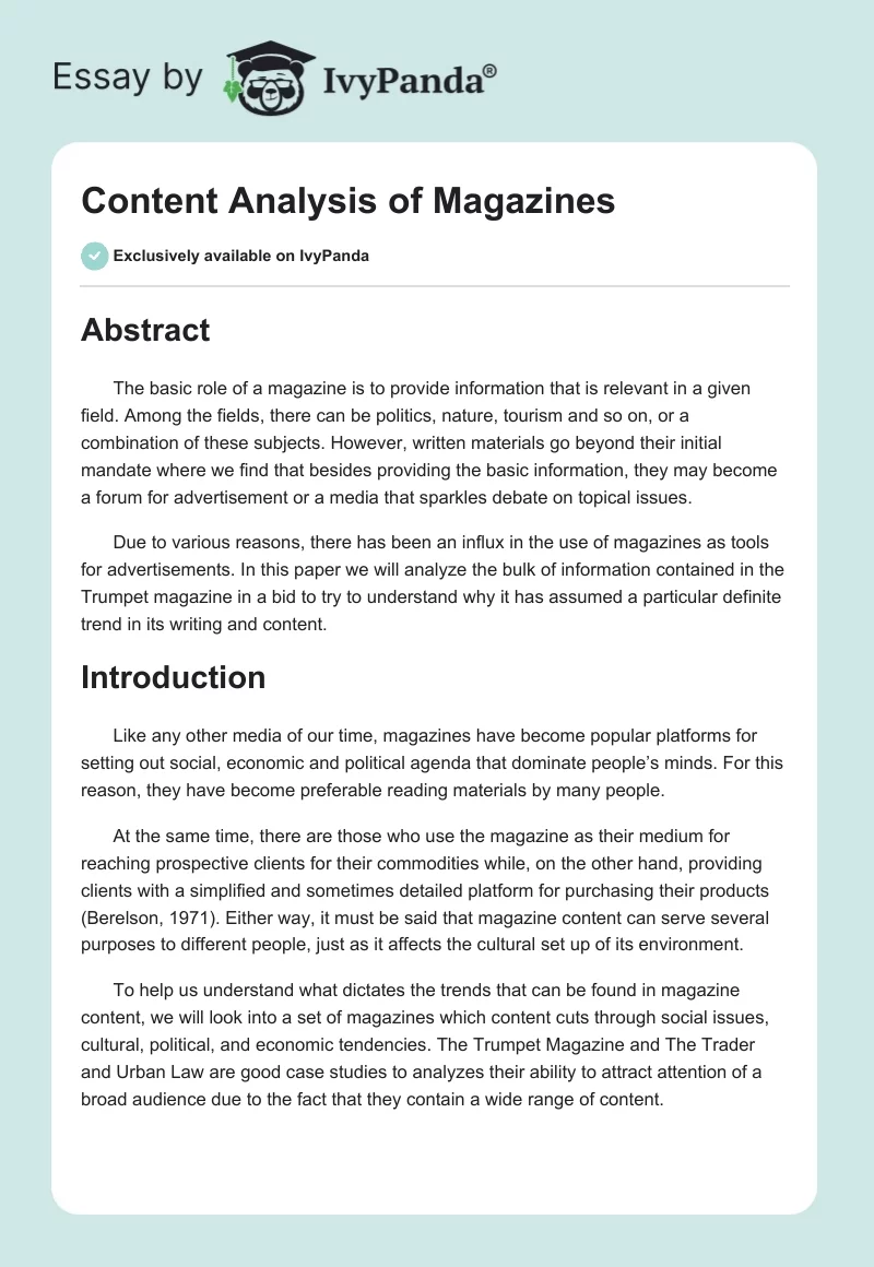 Content Analysis of Magazines. Page 1