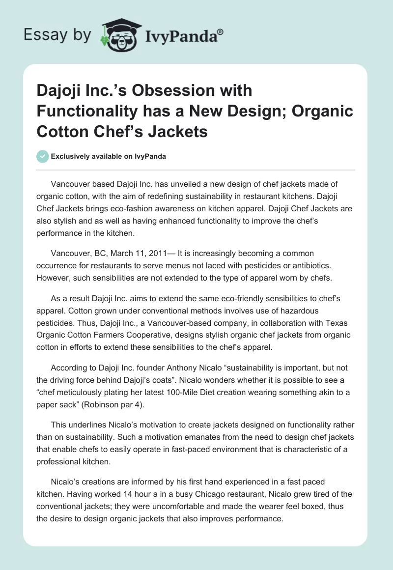 Dajoji Inc.’s Obsession with Functionality has a New Design; Organic Cotton Chef’s Jackets. Page 1