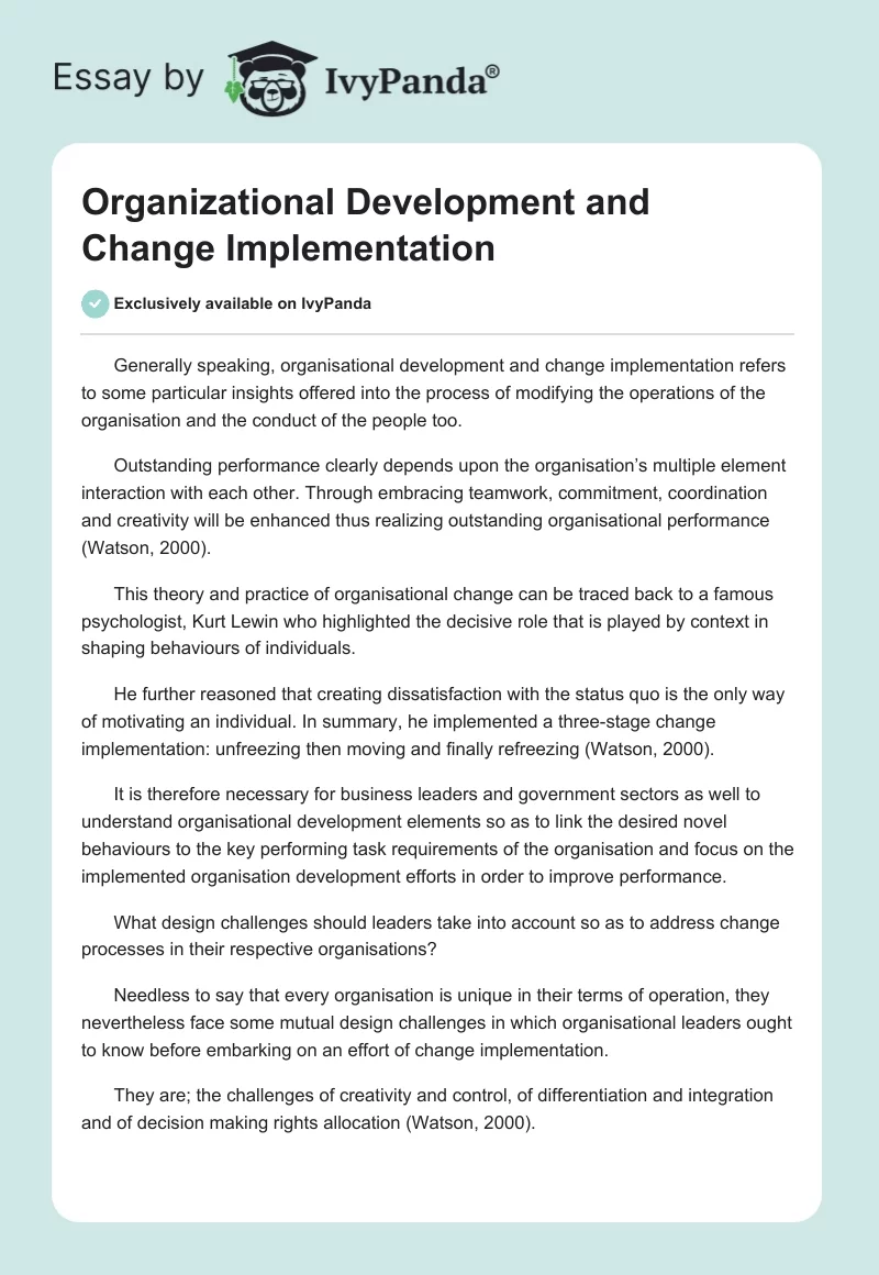 Organizational Development and Change Implementation. Page 1