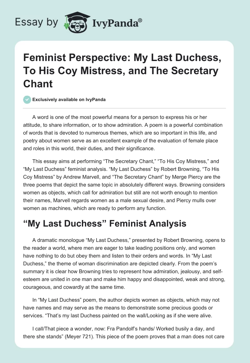 Feminist Perspective: "My Last Duchess", "To His Coy Mistress", and "The Secretary Chant". Page 1