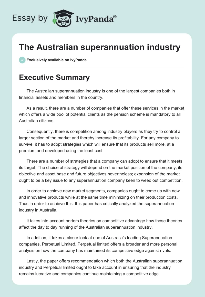 The Australian superannuation industry. Page 1
