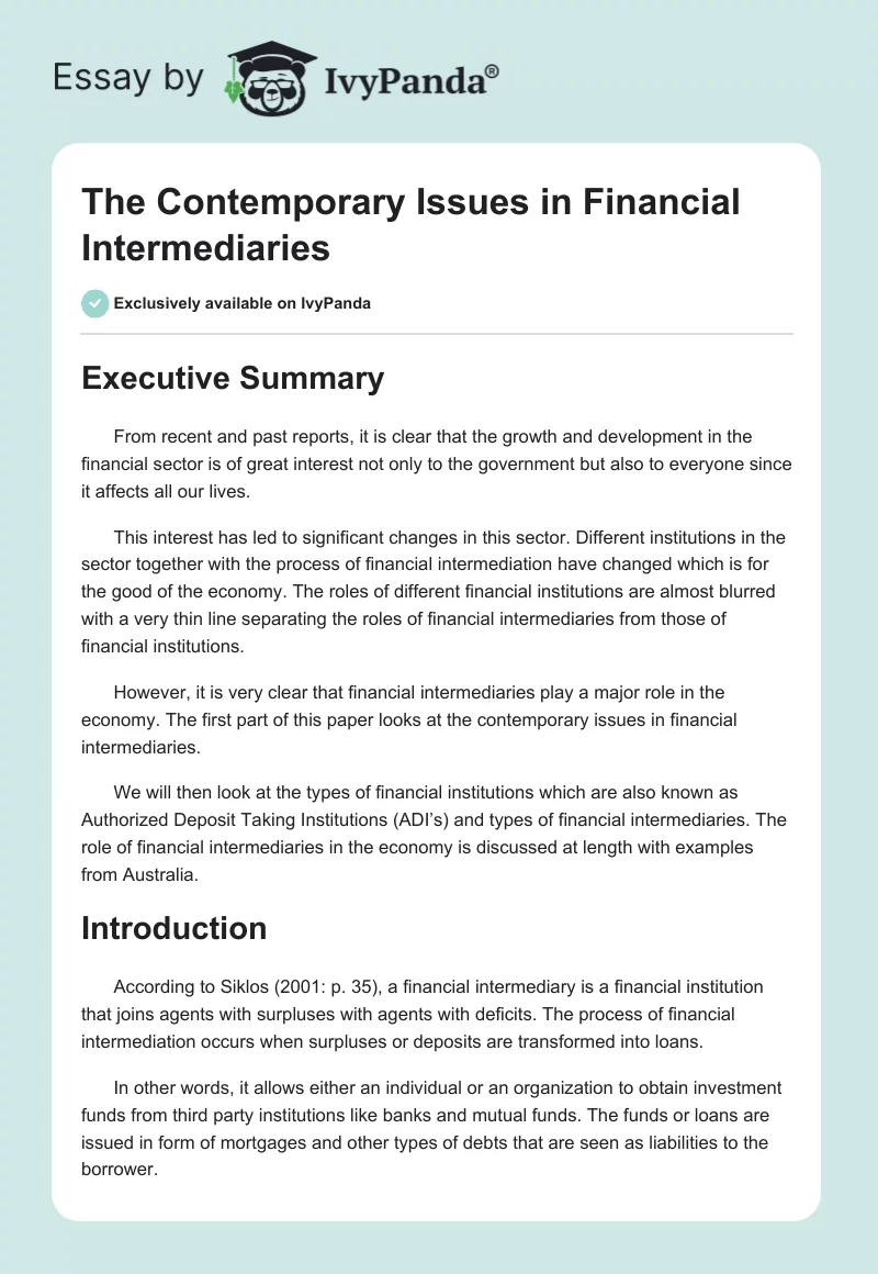 The Contemporary Issues in Financial Intermediaries. Page 1