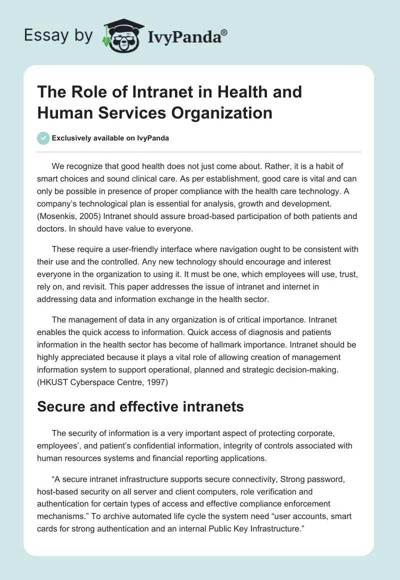 The Role of Intranet in Health and Human Services Organization. Page 1