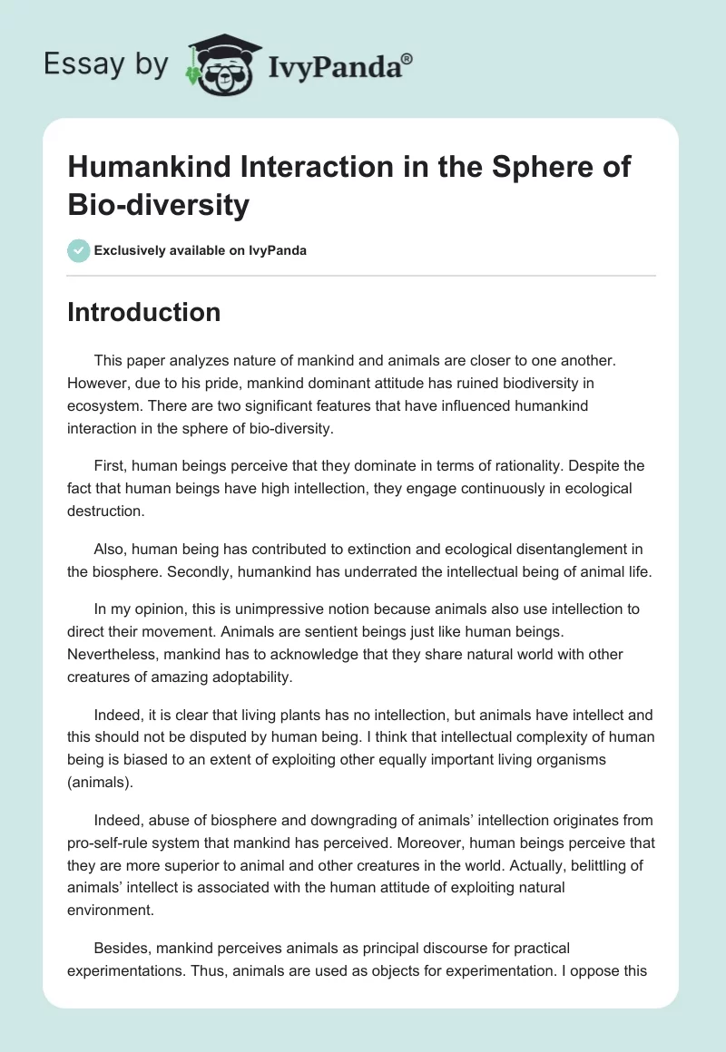 Humankind Interaction in the Sphere of Bio-diversity. Page 1
