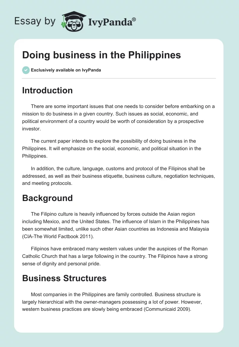 Doing business in the Philippines. Page 1