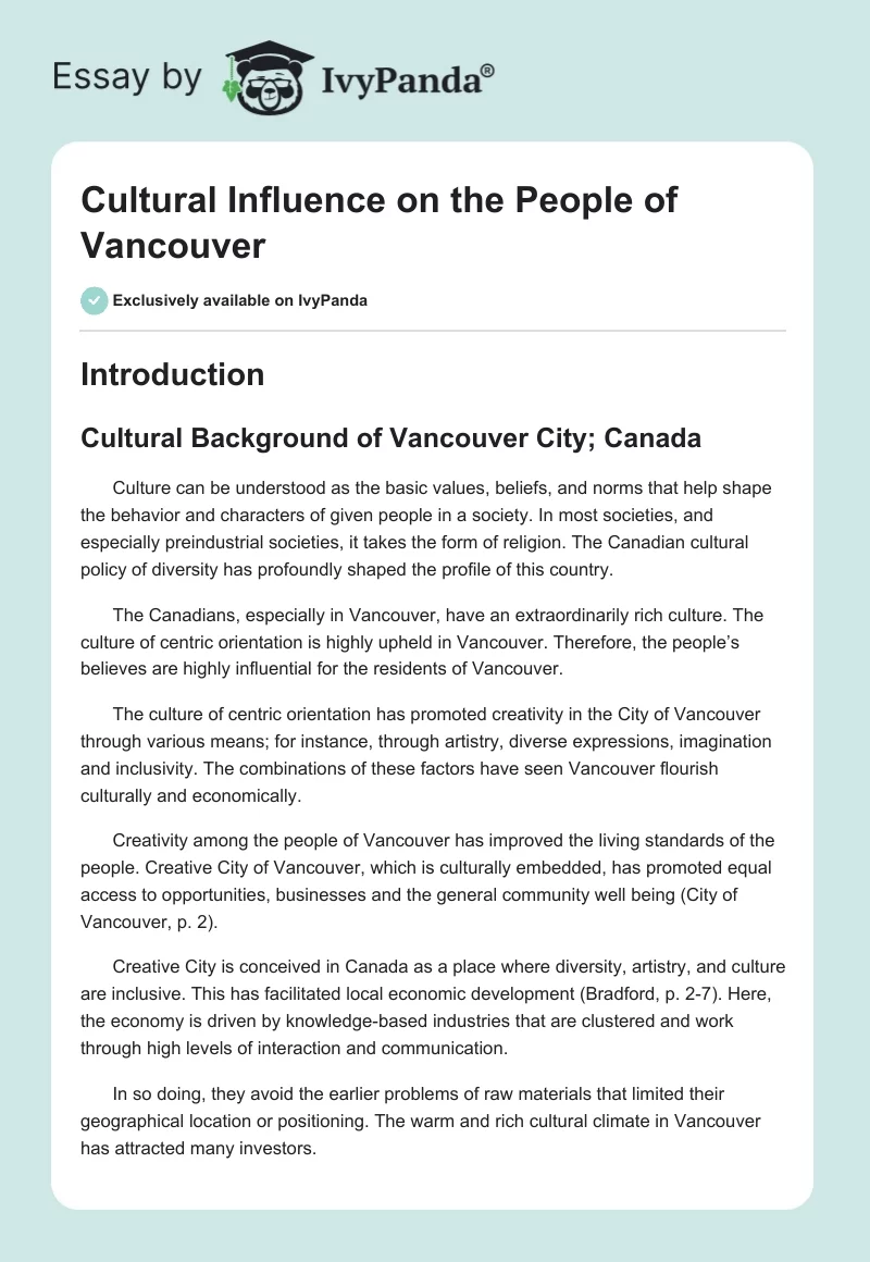 Cultural Influence on the People of Vancouver. Page 1