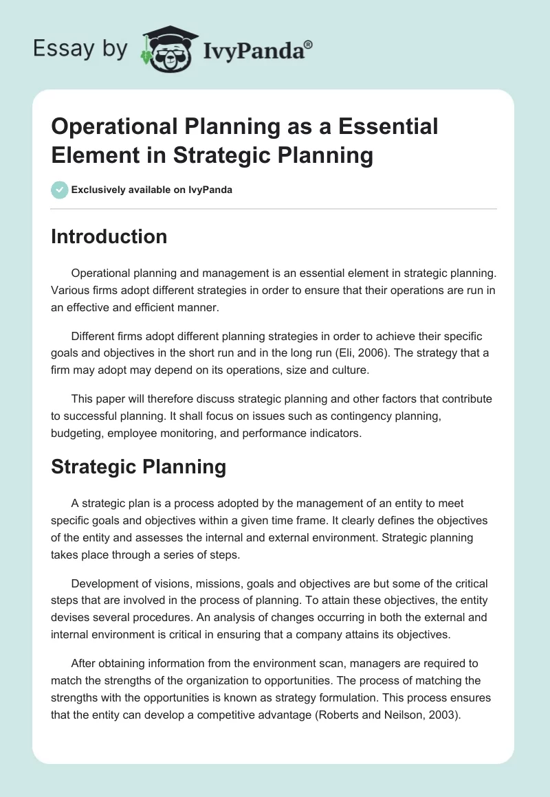 Operational Planning as a Essential Element in Strategic Planning. Page 1