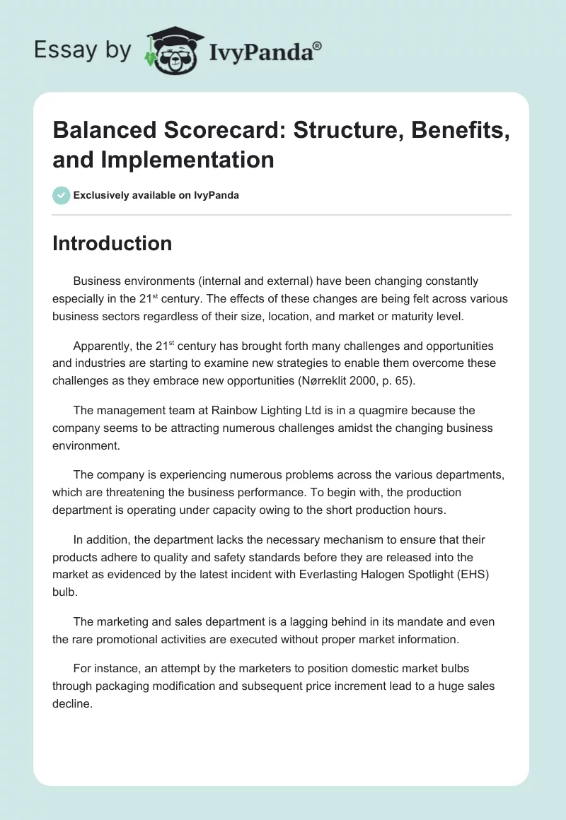 Balanced Scorecard: Structure, Benefits, and Implementation. Page 1