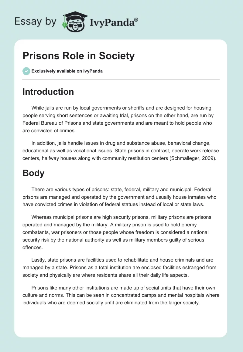 Prisons Role in Society. Page 1