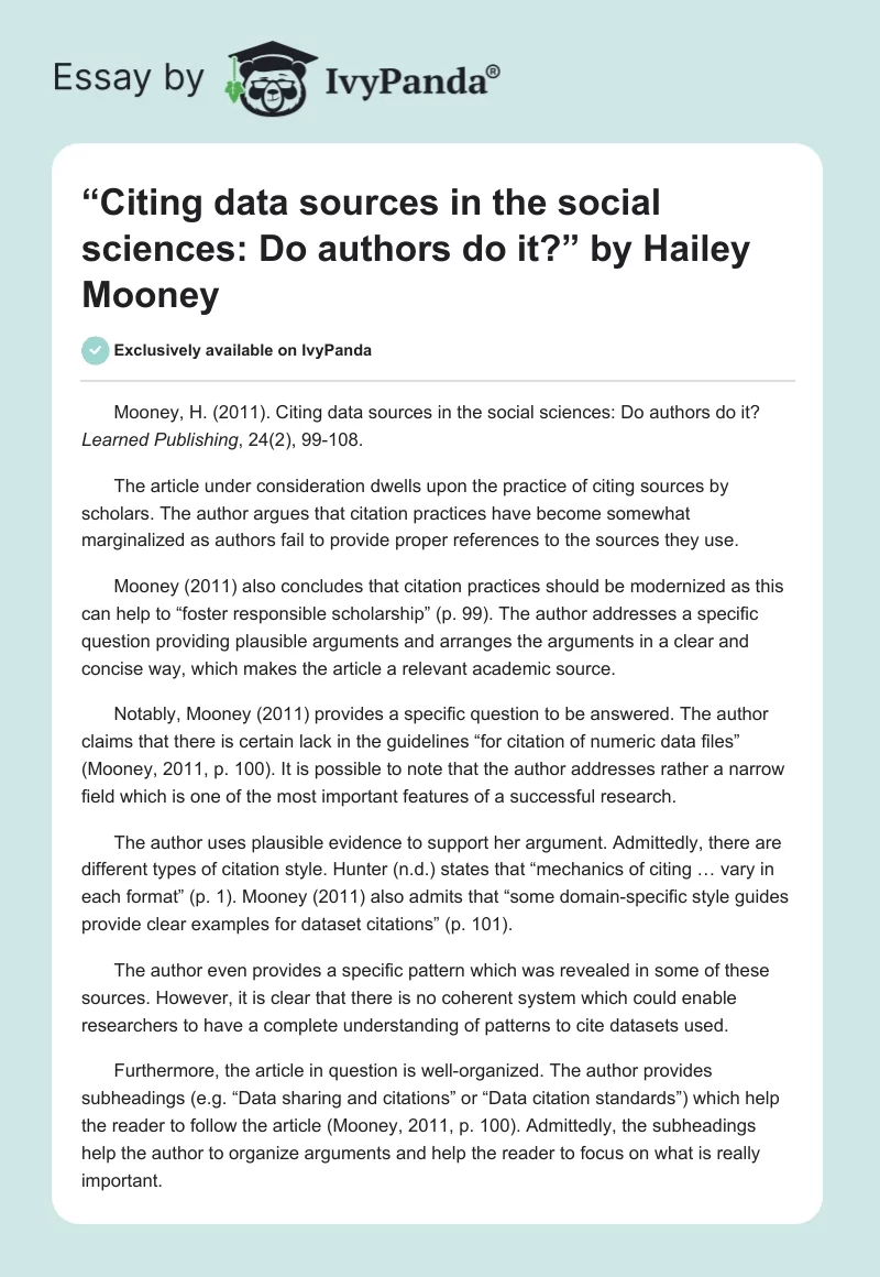 “Citing data sources in the social sciences: Do authors do it?” by Hailey Mooney. Page 1
