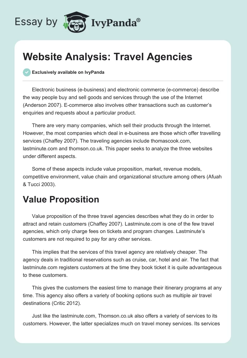 Website Analysis: Travel Agencies. Page 1