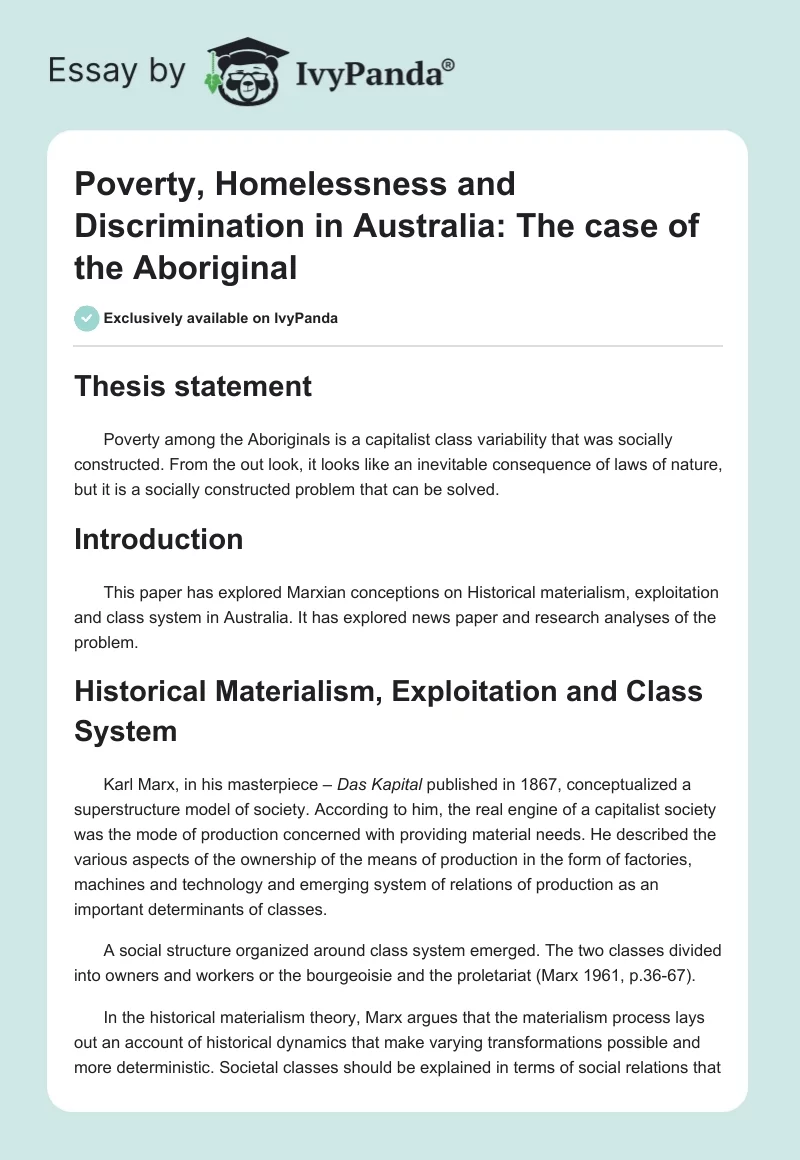 Poverty, Homelessness and Discrimination in Australia: The Case of the Aboriginal. Page 1