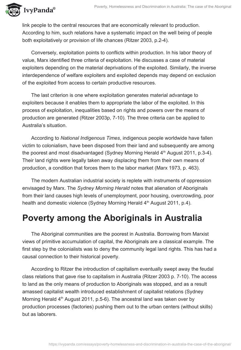 Poverty, Homelessness and Discrimination in Australia: The Case of the Aboriginal. Page 2