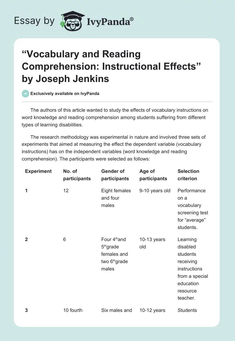 “Vocabulary and Reading Comprehension: Instructional Effects” by Joseph Jenkins. Page 1