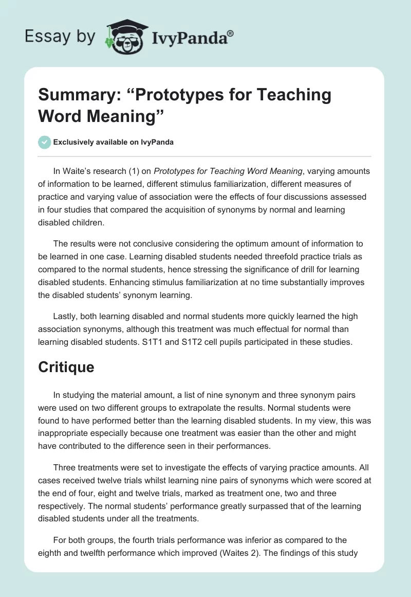 Summary: “Prototypes for Teaching Word Meaning”. Page 1