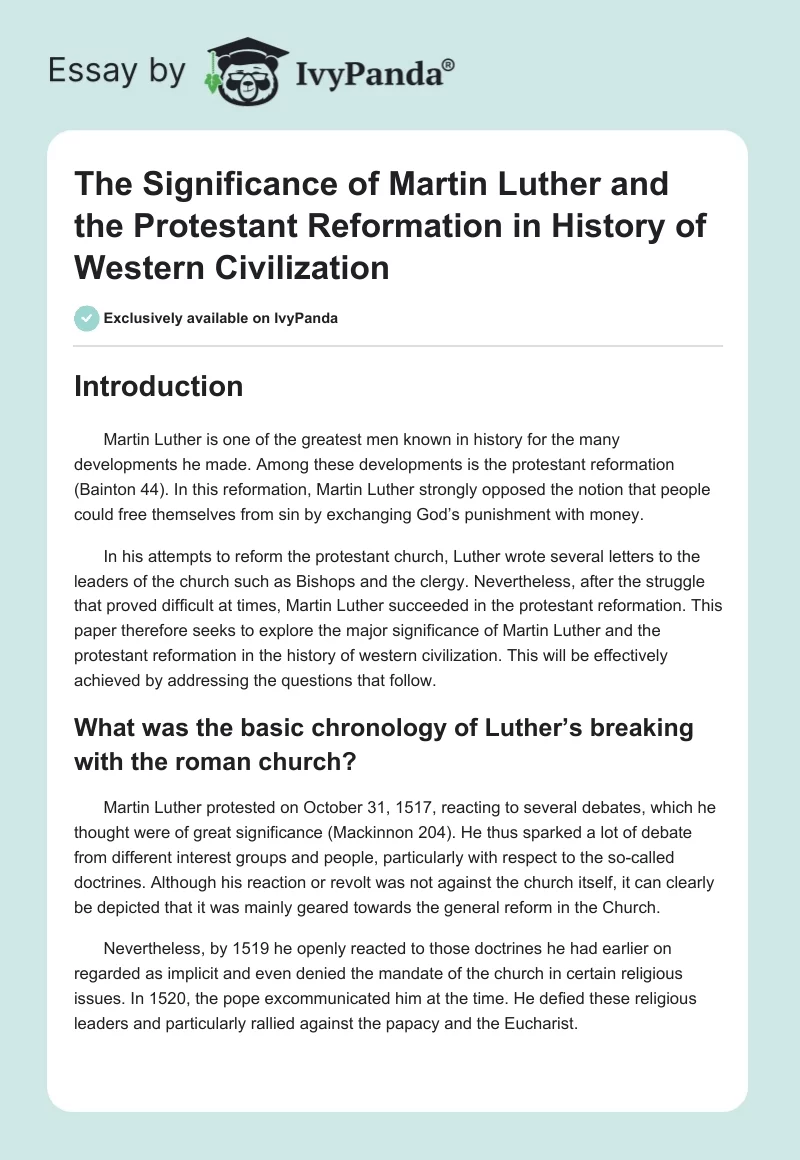 The Significance of Martin Luther and the Protestant Reformation in History of Western Civilization. Page 1