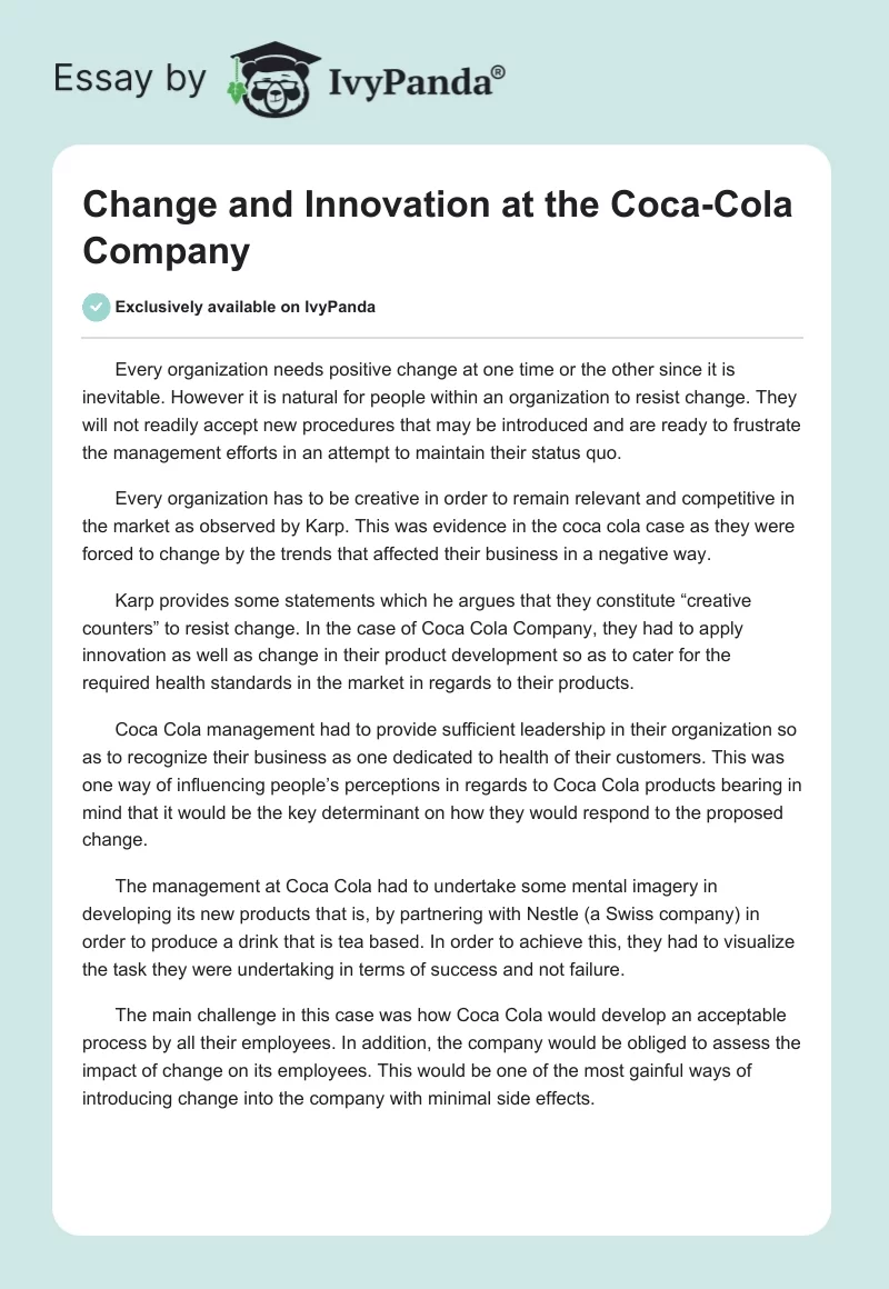 Change and Innovation at the Coca-Cola Company. Page 1