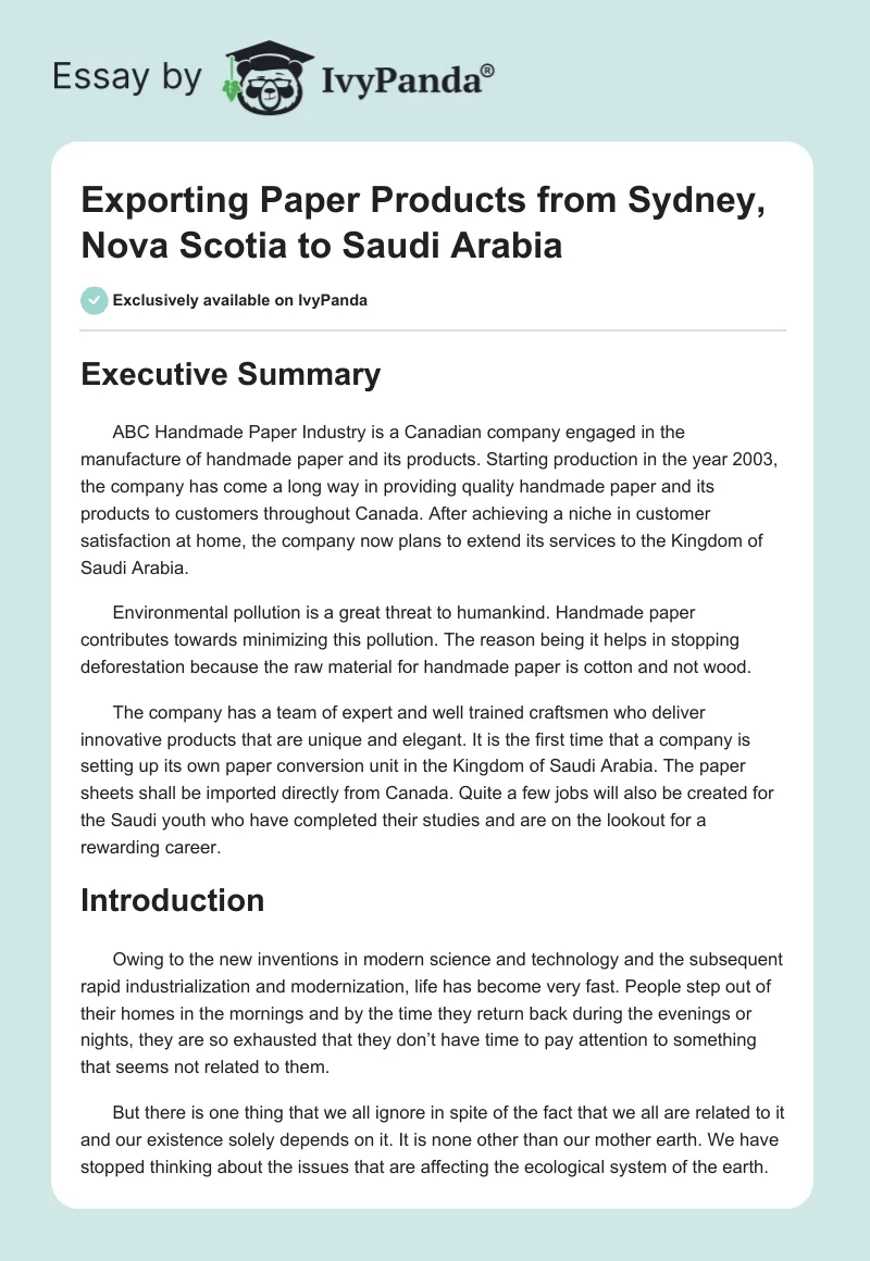 Exporting Paper Products from Sydney, Nova Scotia, to Saudi Arabia. Page 1