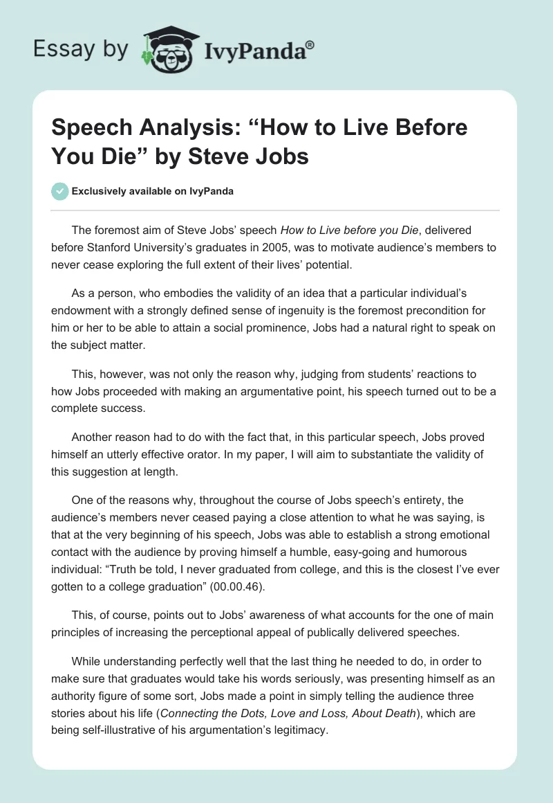 Speech Analysis: “How to Live Before You Die” by Steve Jobs. Page 1