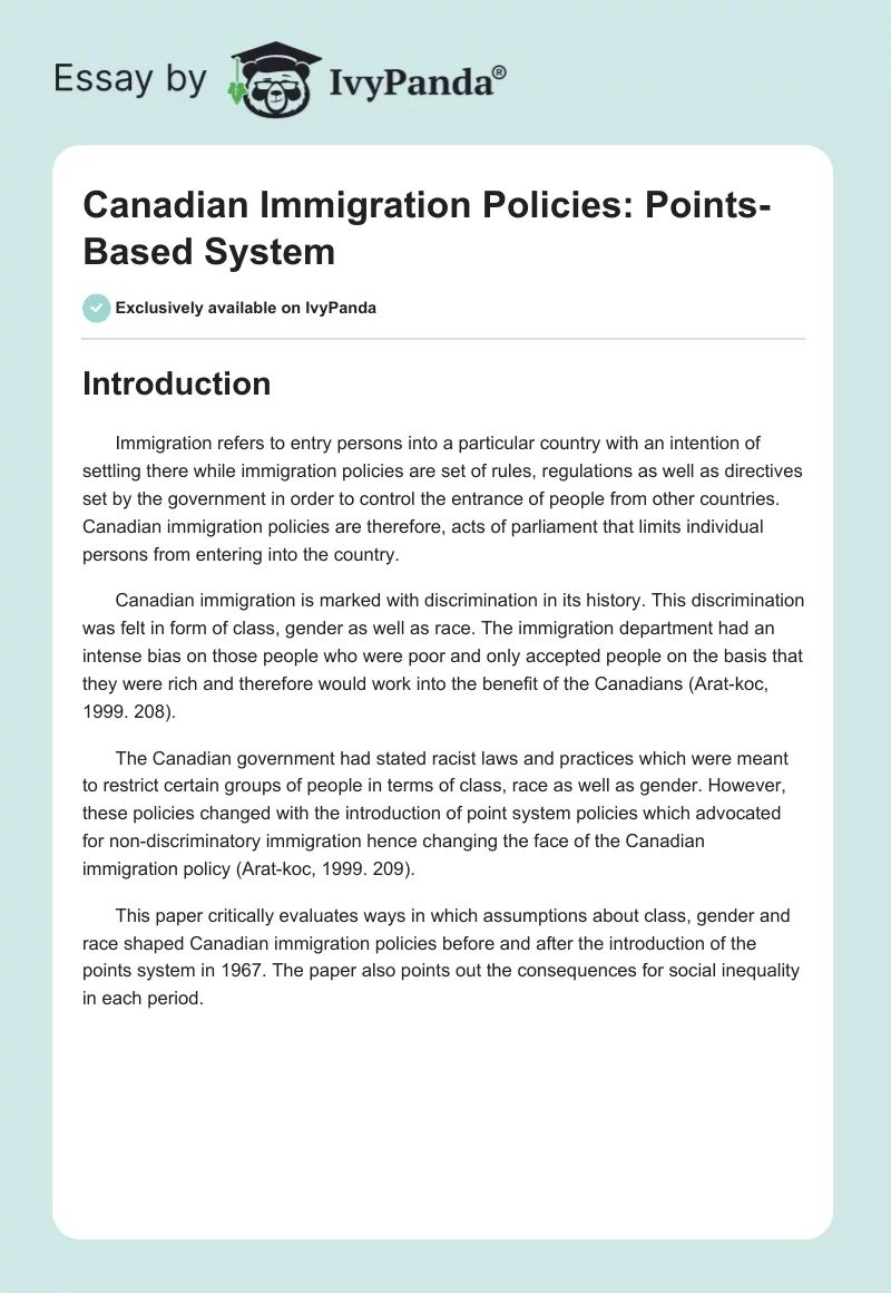 Canadian Immigration Policies: Points-Based System. Page 1