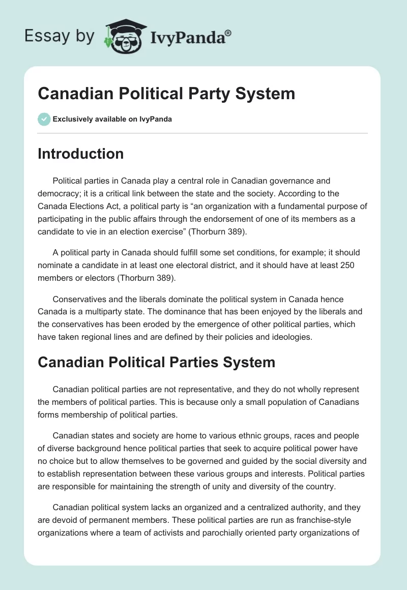 Canadian Political Party System. Page 1