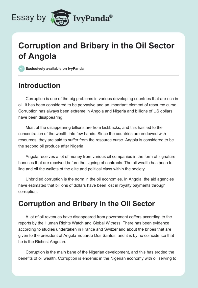 Corruption and Bribery in the Oil Sector of Angola. Page 1