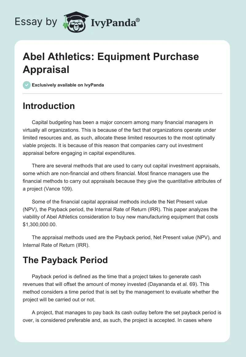 Abel Athletics: Equipment Purchase Appraisal. Page 1