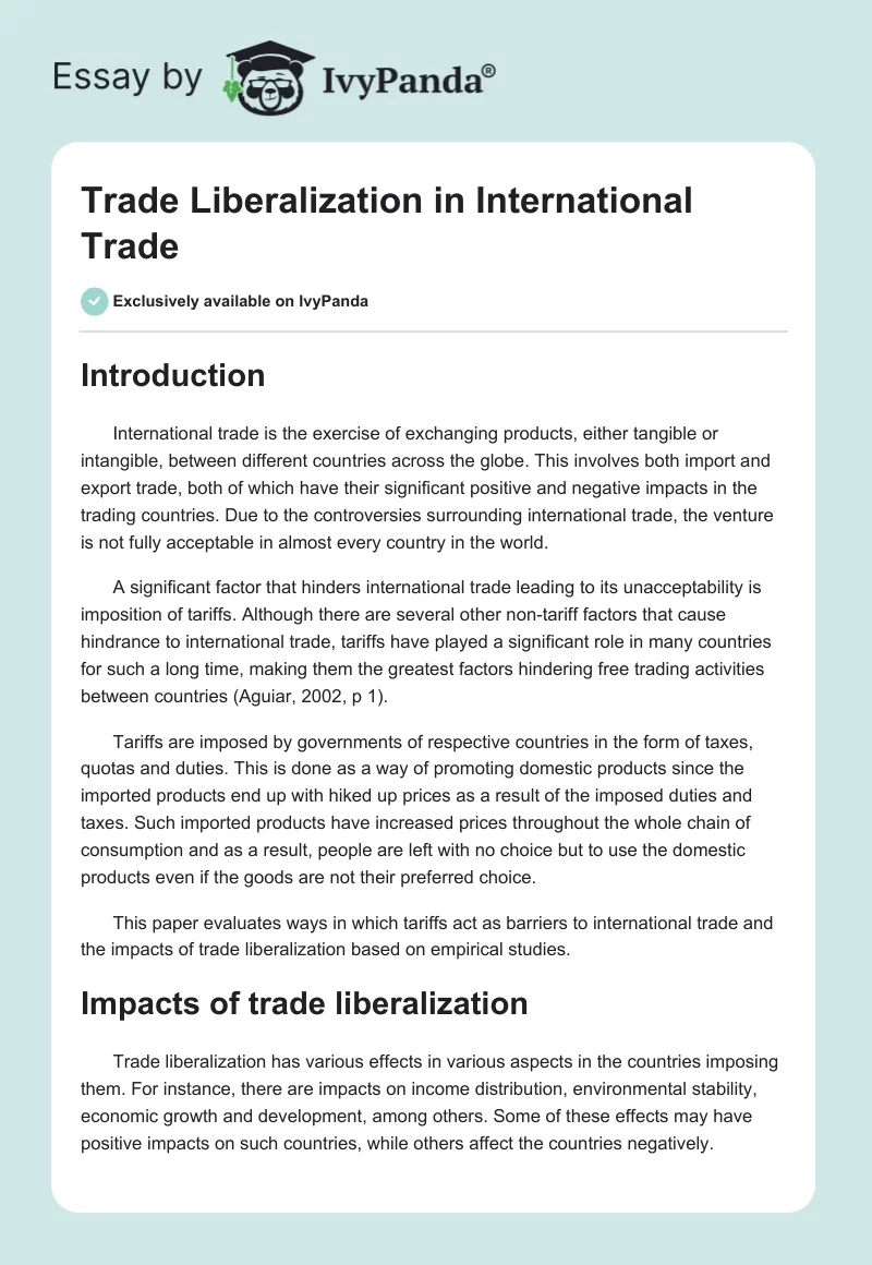 Trade Liberalization in International Trade. Page 1