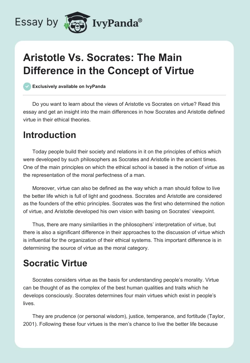 Aristotle vs. Socrates: The Main Difference in the Concept of Virtue. Page 1