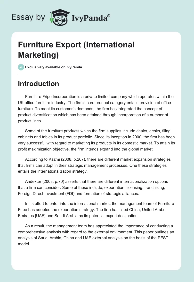 Furniture Export (International Marketing). Page 1
