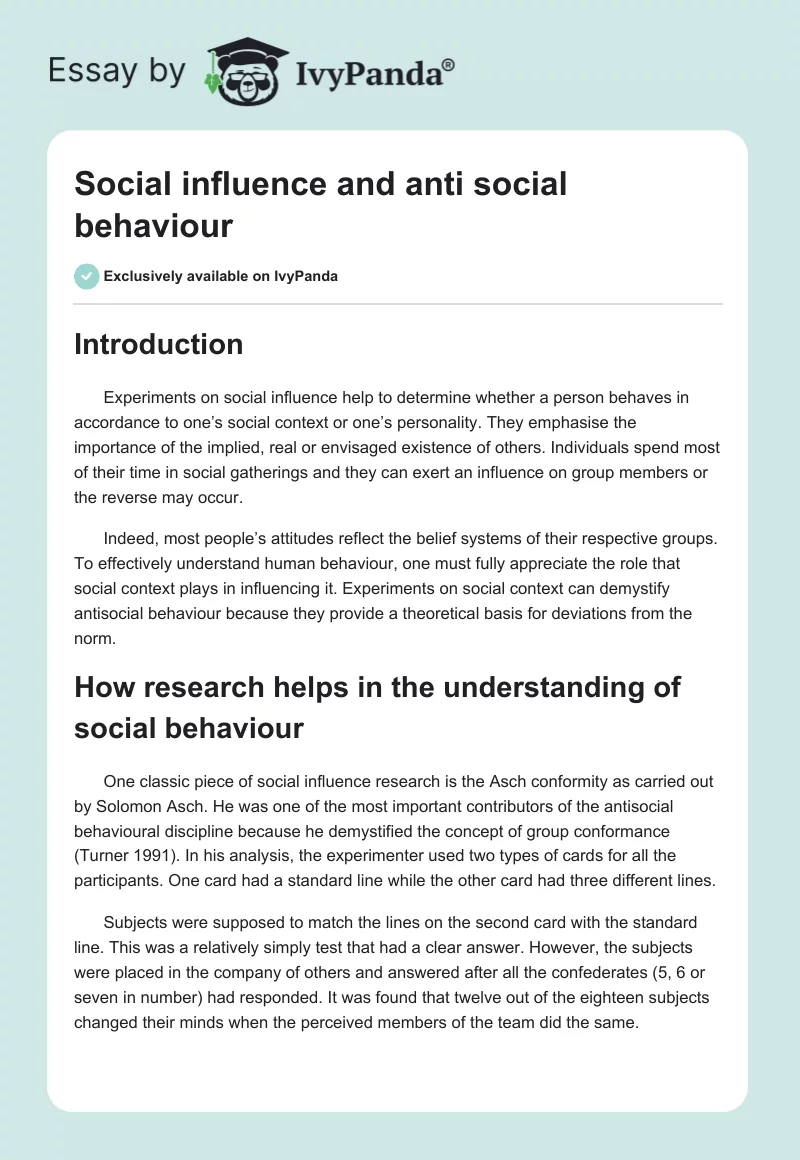 Social influence and anti social behaviour. Page 1