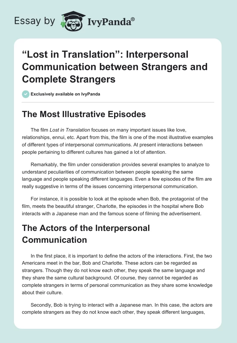 “Lost in Translation”: Interpersonal Communication Between Strangers and Complete Strangers. Page 1