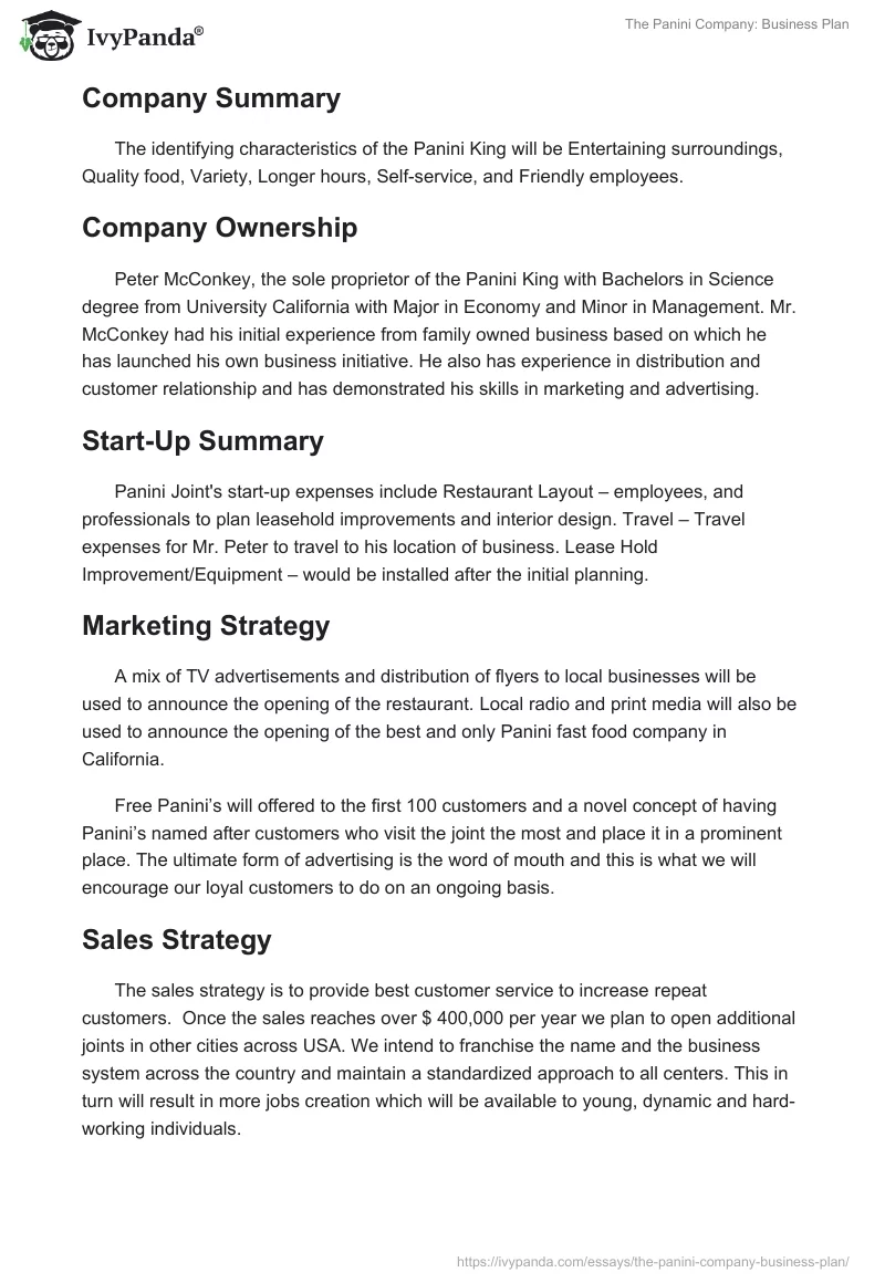 The Panini Company: Business Plan. Page 3