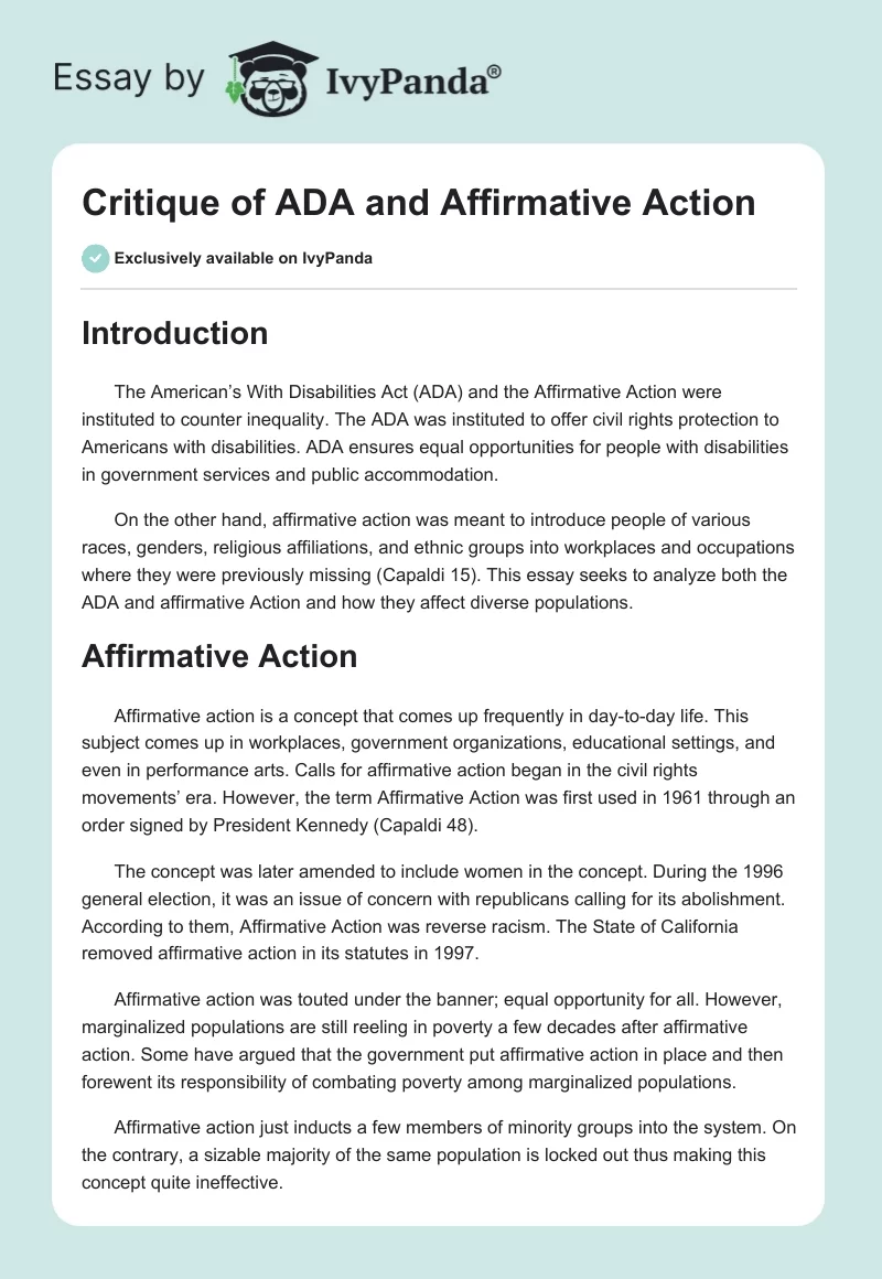 Critique of ADA and Affirmative Action. Page 1