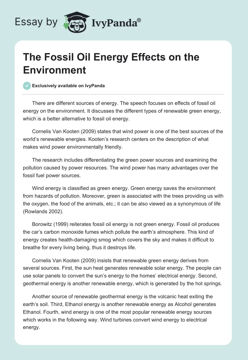 The Fossil Oil Energy Effects on the Environment. Page 1
