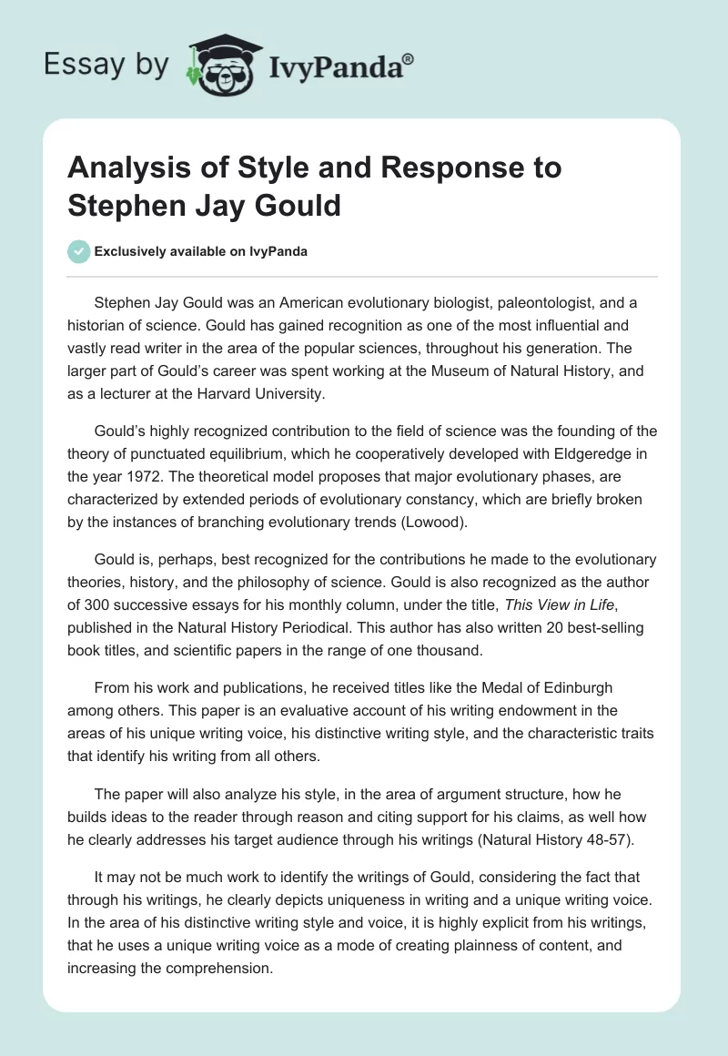 Analysis of Style and Response to Stephen Jay Gould. Page 1